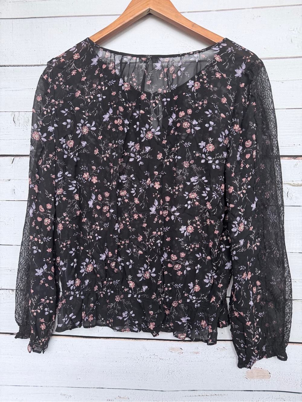 Joie Grazia Caviar Black Floral Lace Panel Smocked Blouse - Medium - Picture 5 of 6